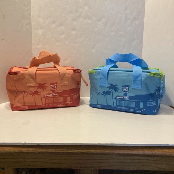 traders joes mini tote lunch bags set of 2 insulated. 1 blue, 1 peach - Picture 2 of 7